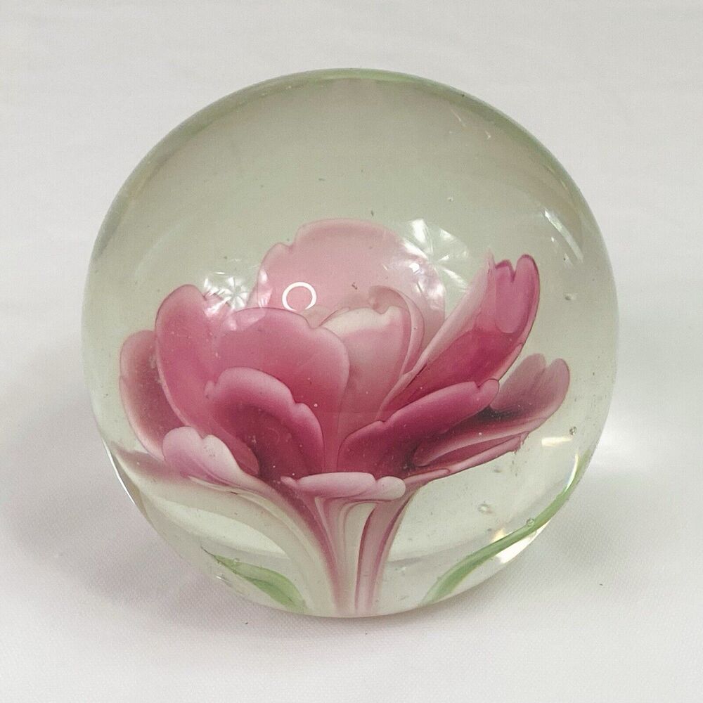 Art Glass Floral Pink Flower Round Paperweight 2.75”